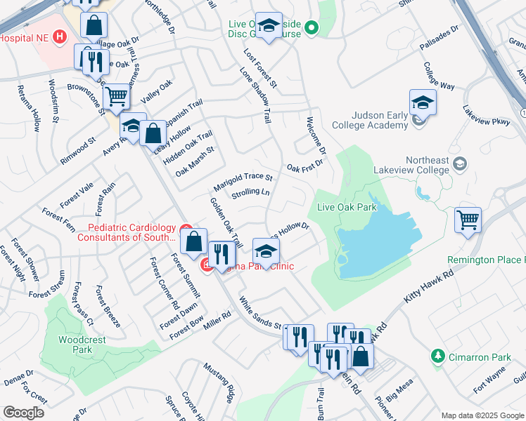 map of restaurants, bars, coffee shops, grocery stores, and more near 11509 Lone Shadow Trail in Live Oak