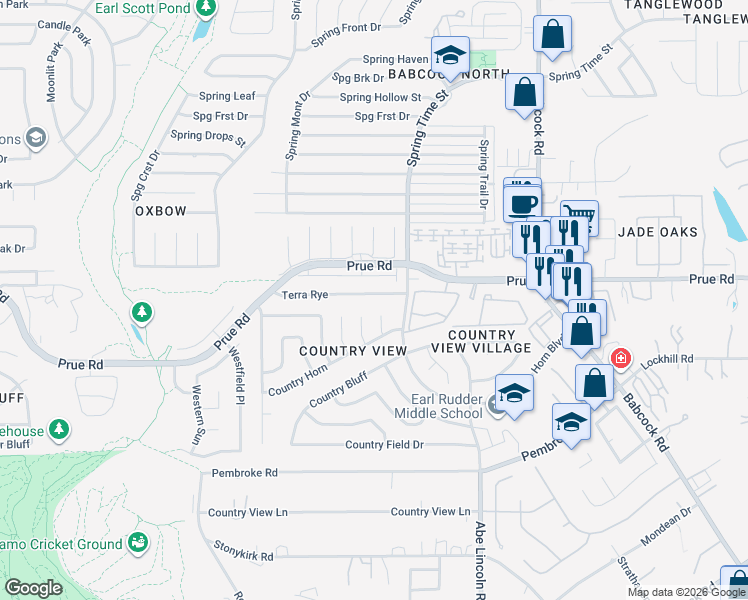 map of restaurants, bars, coffee shops, grocery stores, and more near 6728 Terra Rye in San Antonio