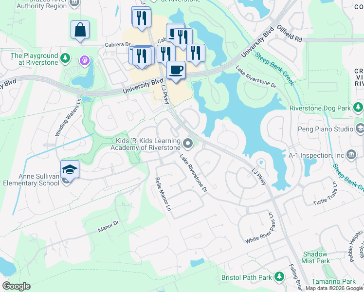 map of restaurants, bars, coffee shops, grocery stores, and more near 17828 Winding Waters Lane in Sugar Land