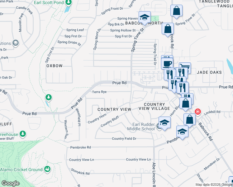 map of restaurants, bars, coffee shops, grocery stores, and more near 6728 Terra Rye in San Antonio