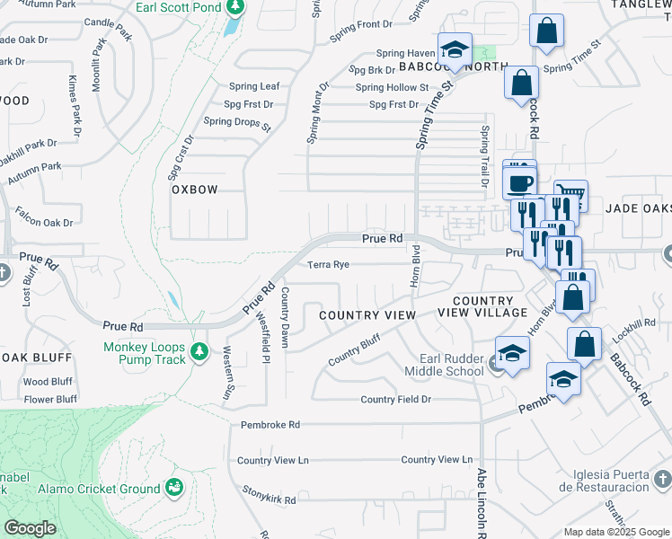 map of restaurants, bars, coffee shops, grocery stores, and more near 6914 Terra Rye in San Antonio