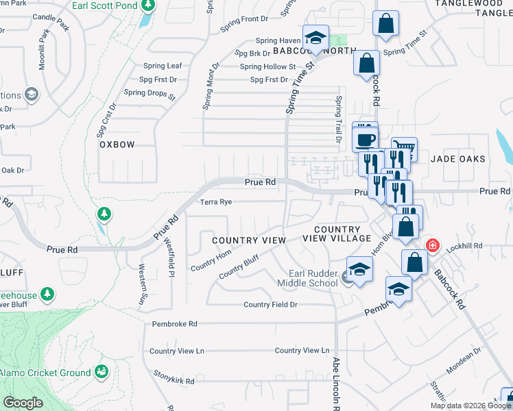 map of restaurants, bars, coffee shops, grocery stores, and more near 6728 Terra Rye in San Antonio