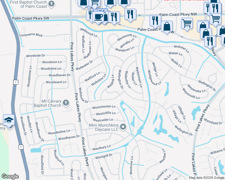 map of restaurants, bars, coffee shops, grocery stores, and more near 19 Wellside Lane in Palm Coast