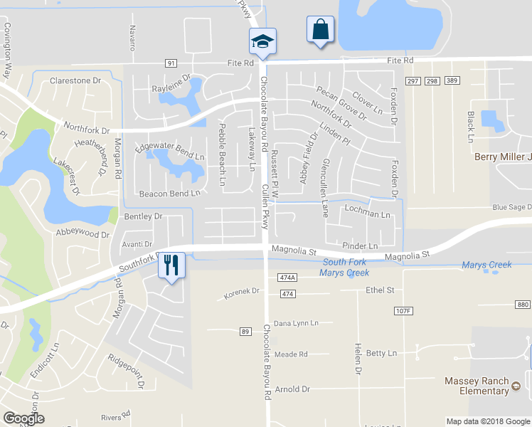 map of restaurants, bars, coffee shops, grocery stores, and more near 3053 Old Chocolate Bayou Road in Pearland