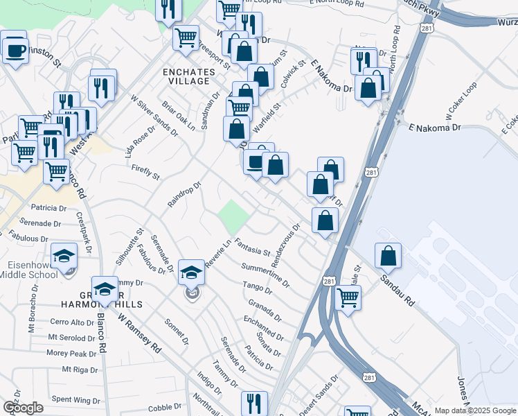 map of restaurants, bars, coffee shops, grocery stores, and more near 209 West Silver Sands Drive in San Antonio