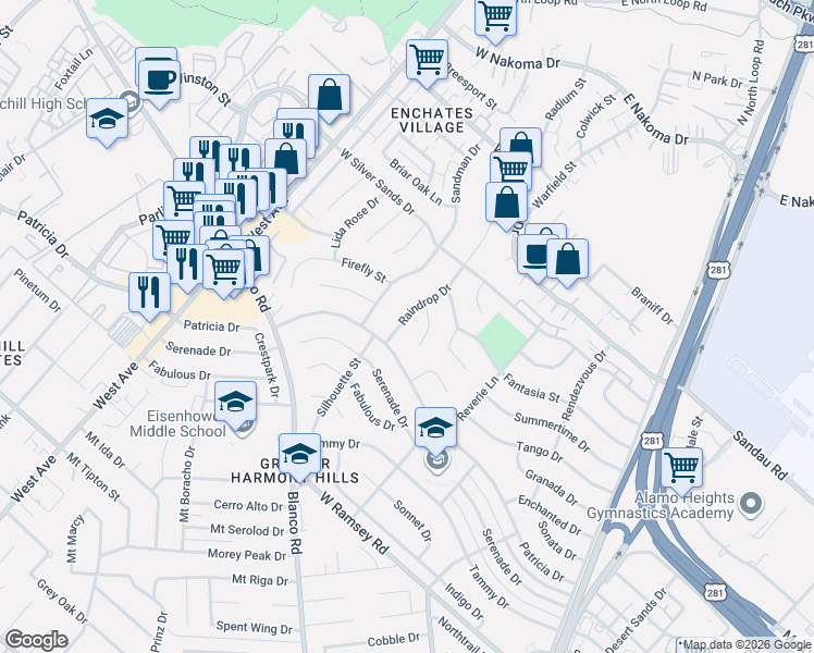 map of restaurants, bars, coffee shops, grocery stores, and more near 11414 Raindrop Drive in San Antonio