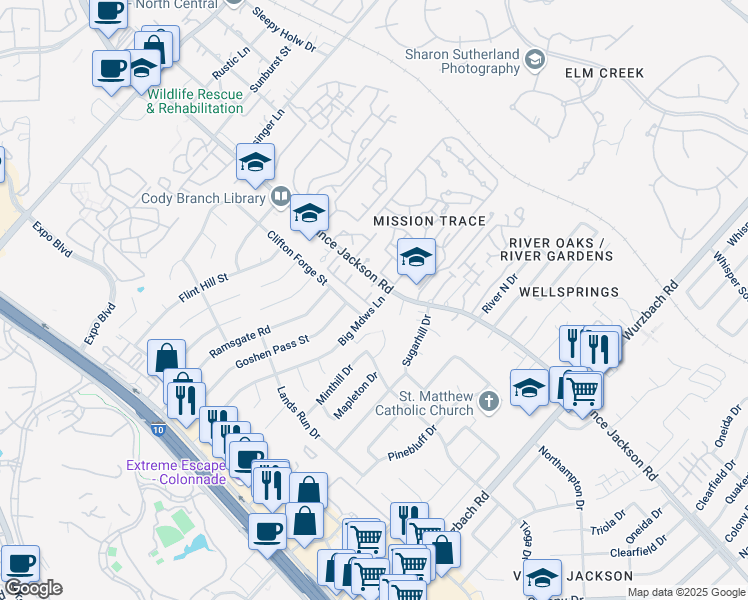 map of restaurants, bars, coffee shops, grocery stores, and more near 11303 Vance Jackson Road in San Antonio
