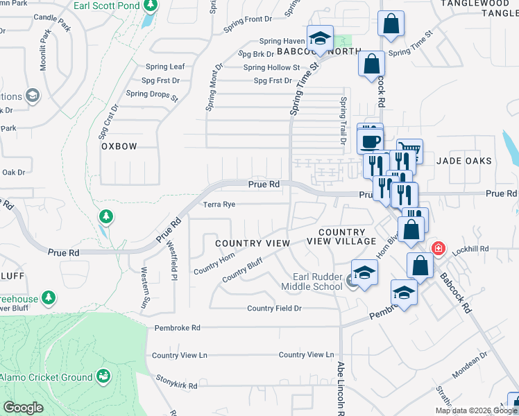 map of restaurants, bars, coffee shops, grocery stores, and more near 6728 Terra Rye in San Antonio