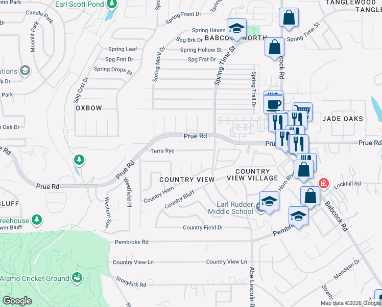map of restaurants, bars, coffee shops, grocery stores, and more near 6728 Terra Rye in San Antonio