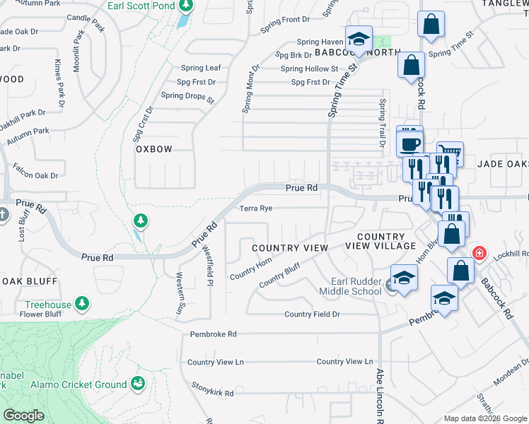 map of restaurants, bars, coffee shops, grocery stores, and more near 6914 Terra Rye in San Antonio