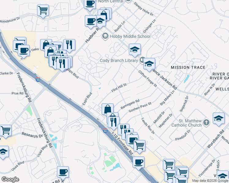 map of restaurants, bars, coffee shops, grocery stores, and more near 4210 Flint Hill Street in San Antonio