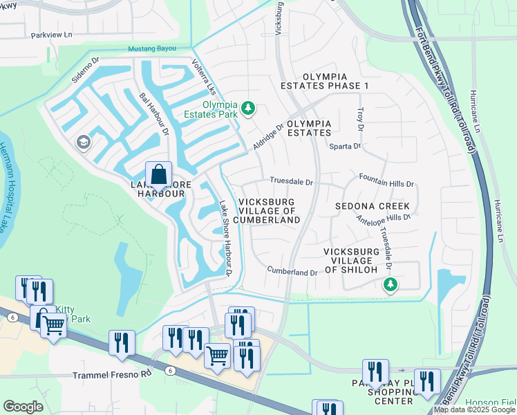 map of restaurants, bars, coffee shops, grocery stores, and more near 3606 Darnell Court in Missouri City