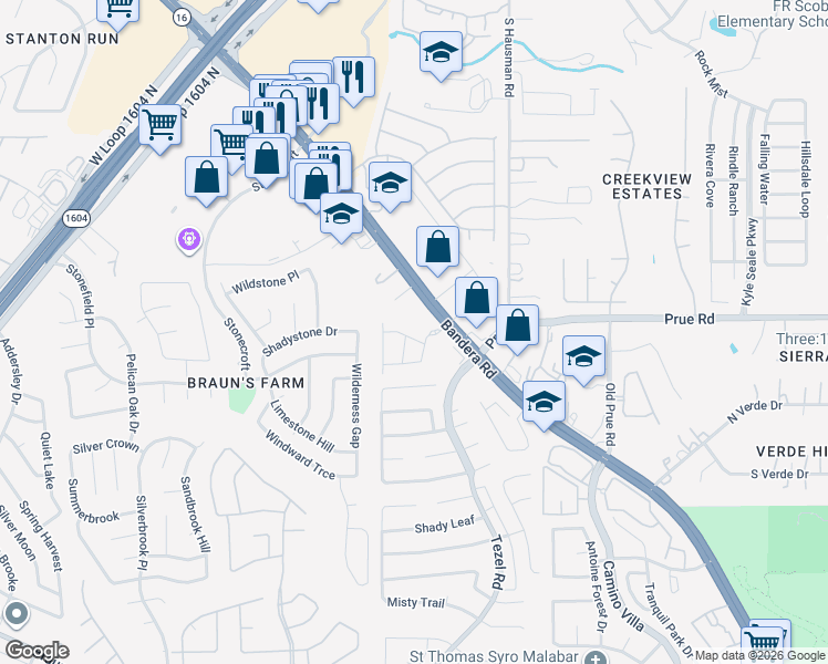 map of restaurants, bars, coffee shops, grocery stores, and more near 11049 Bandera Road in San Antonio