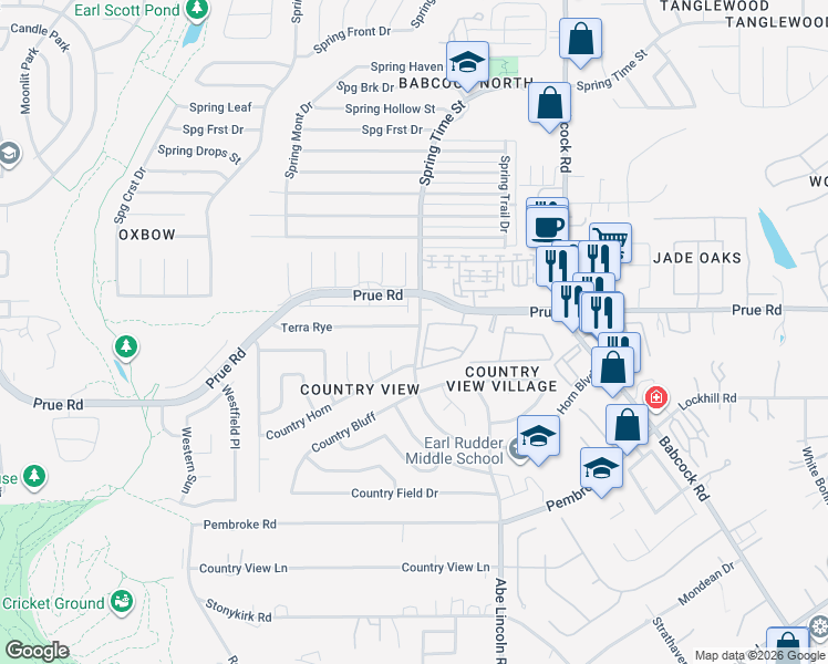 map of restaurants, bars, coffee shops, grocery stores, and more near 6674 Prue Road in San Antonio