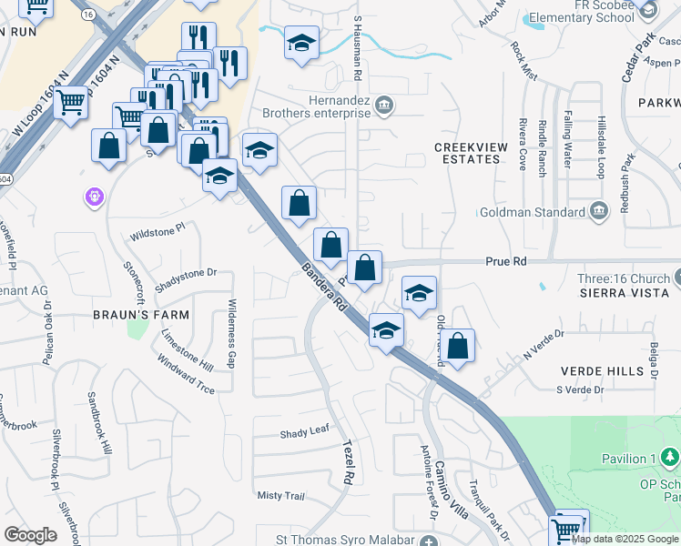 map of restaurants, bars, coffee shops, grocery stores, and more near 8511 Prue Road in San Antonio