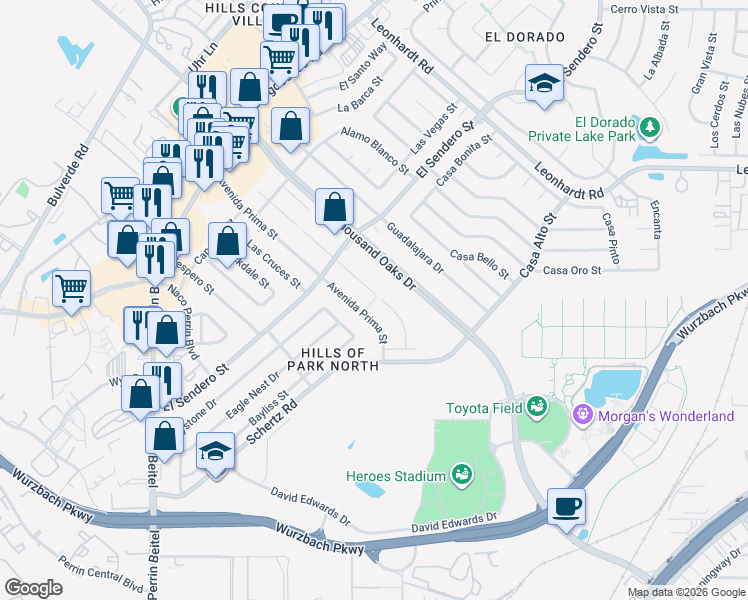 map of restaurants, bars, coffee shops, grocery stores, and more near 4542 El Simpatico Street in San Antonio