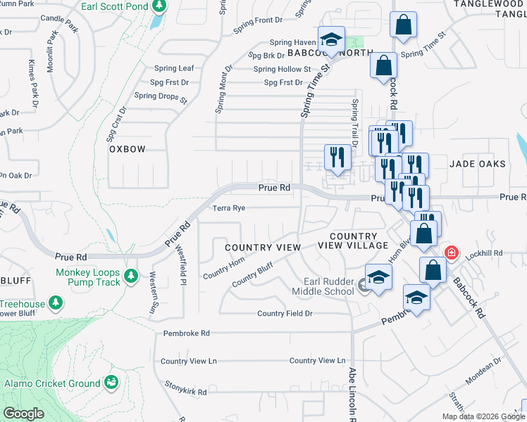 map of restaurants, bars, coffee shops, grocery stores, and more near 6822 Terra Rye in San Antonio