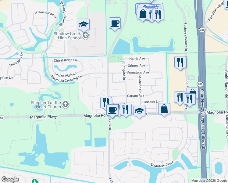 map of restaurants, bars, coffee shops, grocery stores, and more near 11516 Tara Place in Pearland