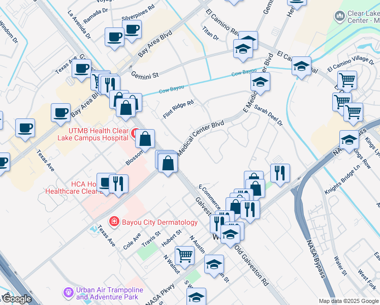 map of restaurants, bars, coffee shops, grocery stores, and more near 290 East Medical Center Boulevard in Webster