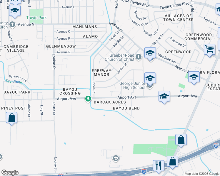 map of restaurants, bars, coffee shops, grocery stores, and more near 2117 Ripple Creek Drive in Rosenberg