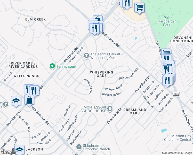map of restaurants, bars, coffee shops, grocery stores, and more near 11234 Whisper Willow Street in San Antonio