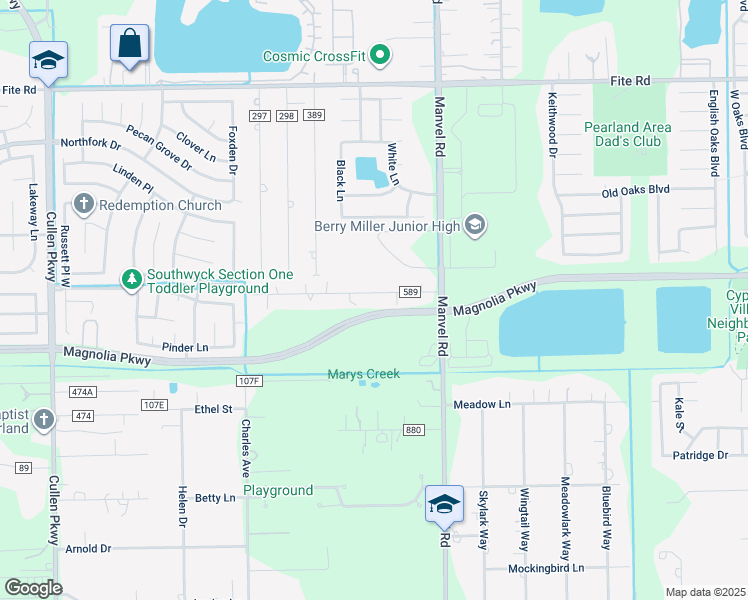 map of restaurants, bars, coffee shops, grocery stores, and more near 5114 Blue Sage Drive in Pearland