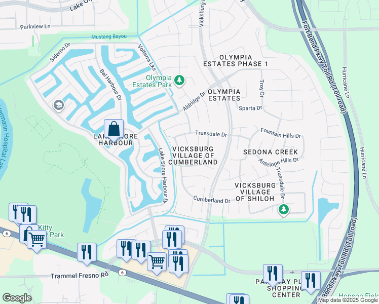 map of restaurants, bars, coffee shops, grocery stores, and more near 3606 Darnell Court in Missouri City