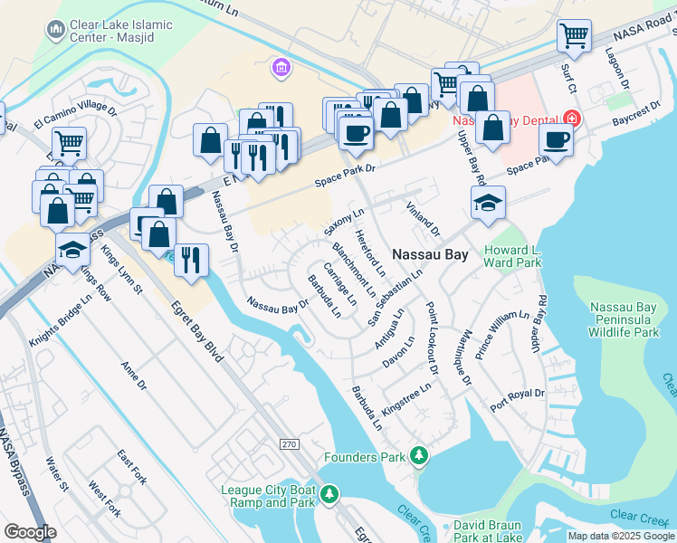 map of restaurants, bars, coffee shops, grocery stores, and more near 18223 Carriage Lane in Houston