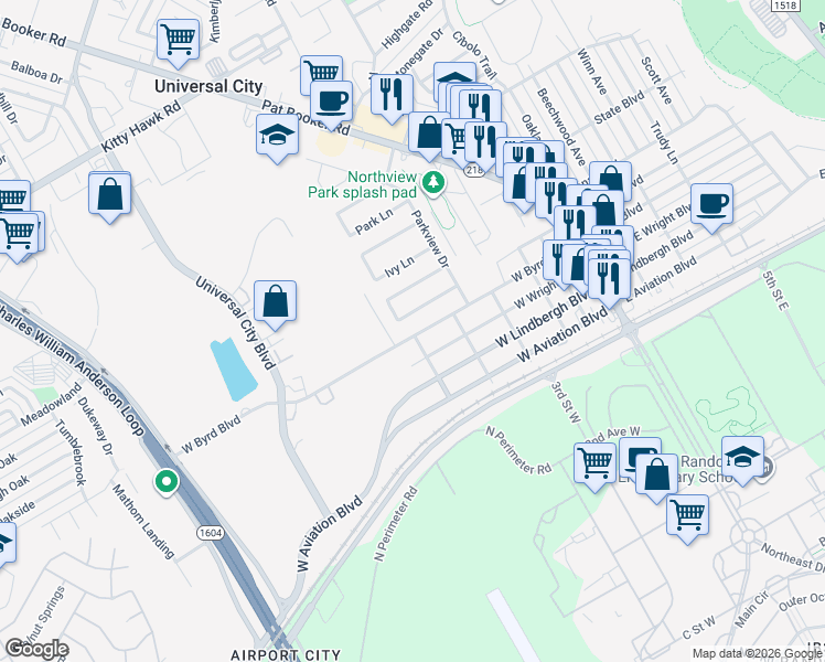 map of restaurants, bars, coffee shops, grocery stores, and more near 529 West Byrd Boulevard in Universal City