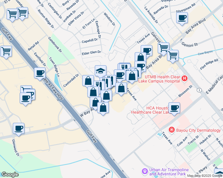 map of restaurants, bars, coffee shops, grocery stores, and more near 820 Bay Area Boulevard in Webster