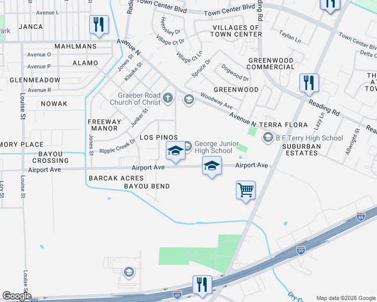 map of restaurants, bars, coffee shops, grocery stores, and more near 4601 Airport Avenue in Rosenberg