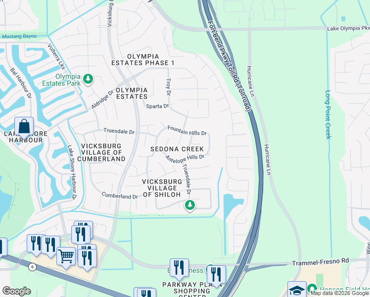 map of restaurants, bars, coffee shops, grocery stores, and more near 2806 Sandstone Ridge Dr in Missouri City