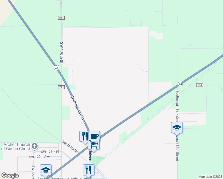 map of restaurants, bars, coffee shops, grocery stores, and more near 12623 Highway 24 in Archer