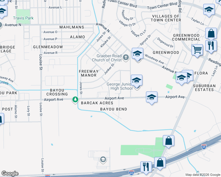 map of restaurants, bars, coffee shops, grocery stores, and more near 2420 Freeway Manor Drive in Rosenberg