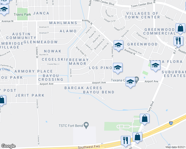 map of restaurants, bars, coffee shops, grocery stores, and more near 2420 Freeway Manor Drive in Rosenberg