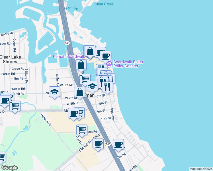 map of restaurants, bars, coffee shops, grocery stores, and more near 605 6th Street in Kemah