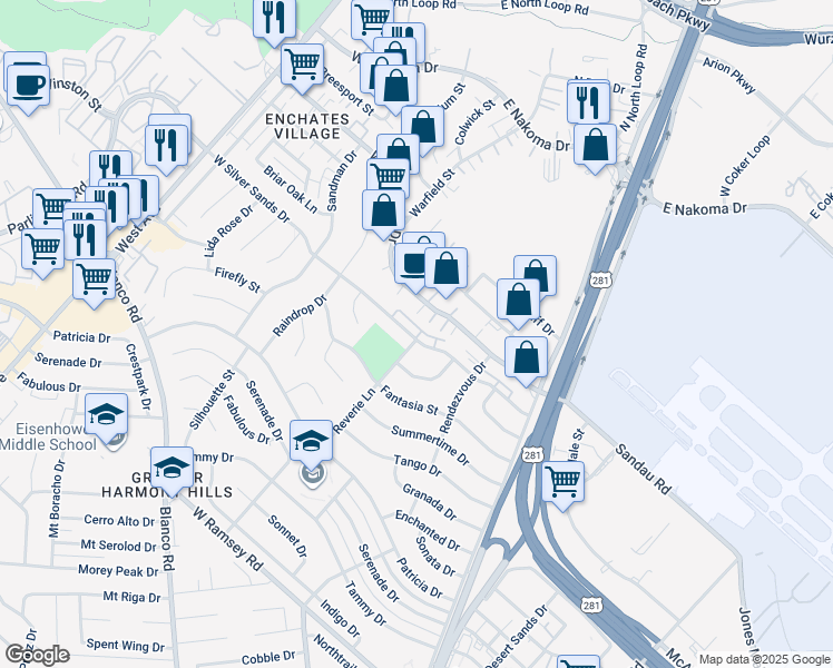 map of restaurants, bars, coffee shops, grocery stores, and more near 230 West Silver Sands Drive in San Antonio