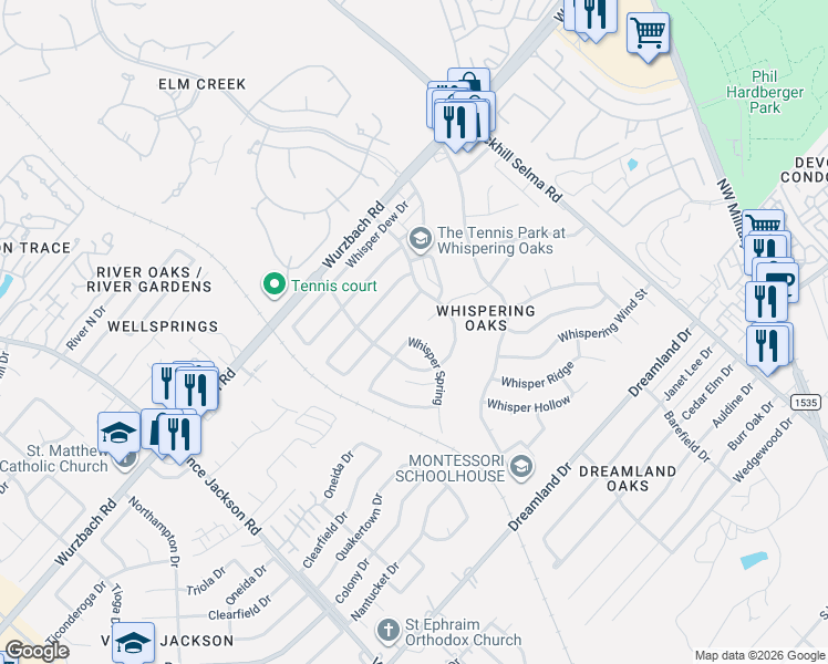 map of restaurants, bars, coffee shops, grocery stores, and more near 11310 Whisper Falls Street in San Antonio