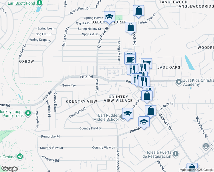 map of restaurants, bars, coffee shops, grocery stores, and more near 6674 Prue Road in San Antonio