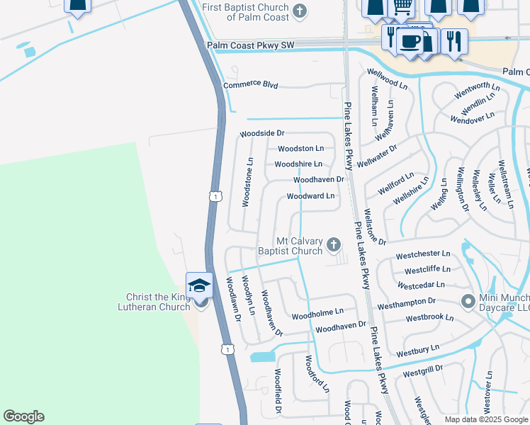 map of restaurants, bars, coffee shops, grocery stores, and more near 90 Woodhaven Drive in Palm Coast