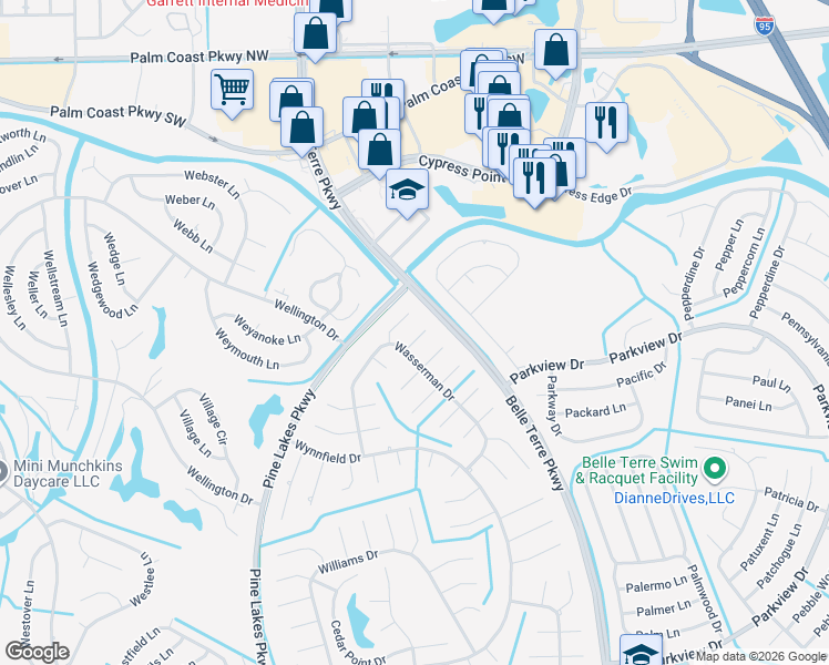 map of restaurants, bars, coffee shops, grocery stores, and more near 5 Waywell Place in Palm Coast