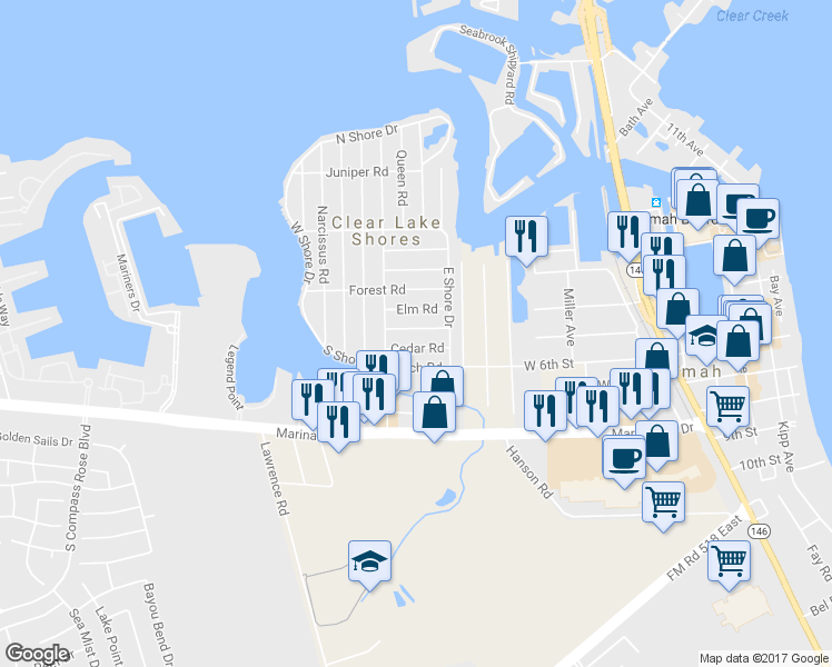 map of restaurants, bars, coffee shops, grocery stores, and more near 905 Dogwood Road in Kemah