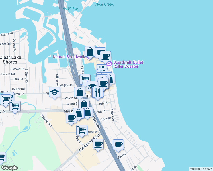 map of restaurants, bars, coffee shops, grocery stores, and more near 605 6th St in Kemah