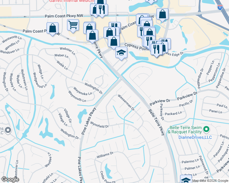 map of restaurants, bars, coffee shops, grocery stores, and more near 3 Waywood Place in Palm Coast