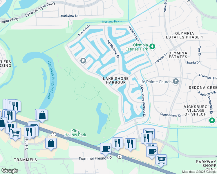 map of restaurants, bars, coffee shops, grocery stores, and more near 2722 Palm Harbour Drive in Missouri City