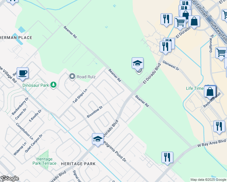 map of restaurants, bars, coffee shops, grocery stores, and more near 16750 Square Rigger Lane in Friendswood
