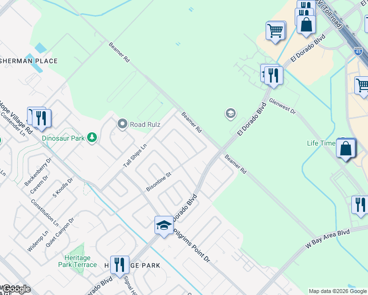 map of restaurants, bars, coffee shops, grocery stores, and more near 16727 Barkentine Lane in Friendswood