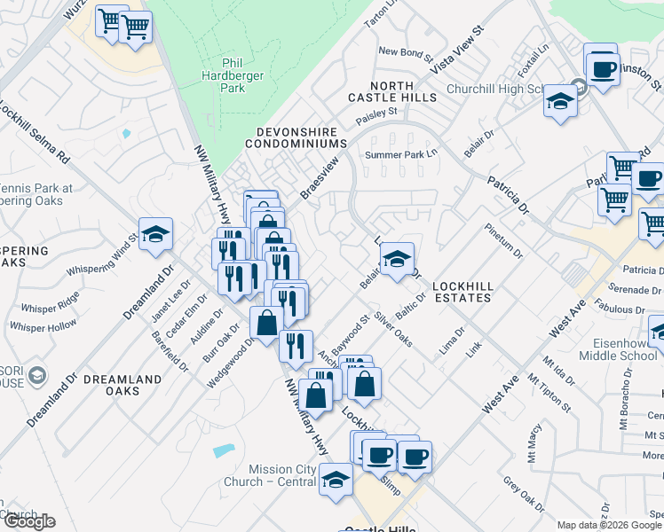 map of restaurants, bars, coffee shops, grocery stores, and more near in San Antonio
