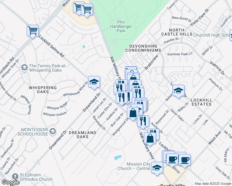 map of restaurants, bars, coffee shops, grocery stores, and more near 2358 Northwest Military Highway in San Antonio