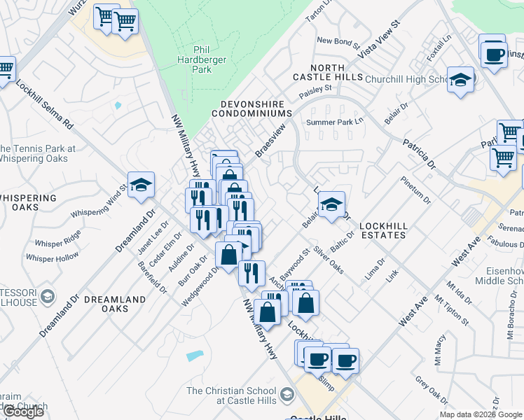 map of restaurants, bars, coffee shops, grocery stores, and more near 2126 Bedford Stage in San Antonio
